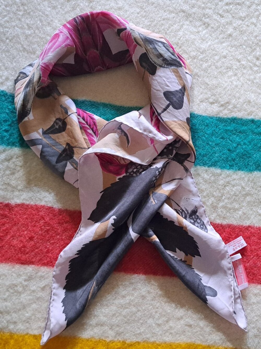 Christian Lacroix Silk Scarf, OS, black pink and purple floral - Picture 1 of 5